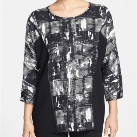 Lafayette 148 Plus Size 100% Silk Rayna Black White Abstract Plaid Blouse - Picture 1 of 9